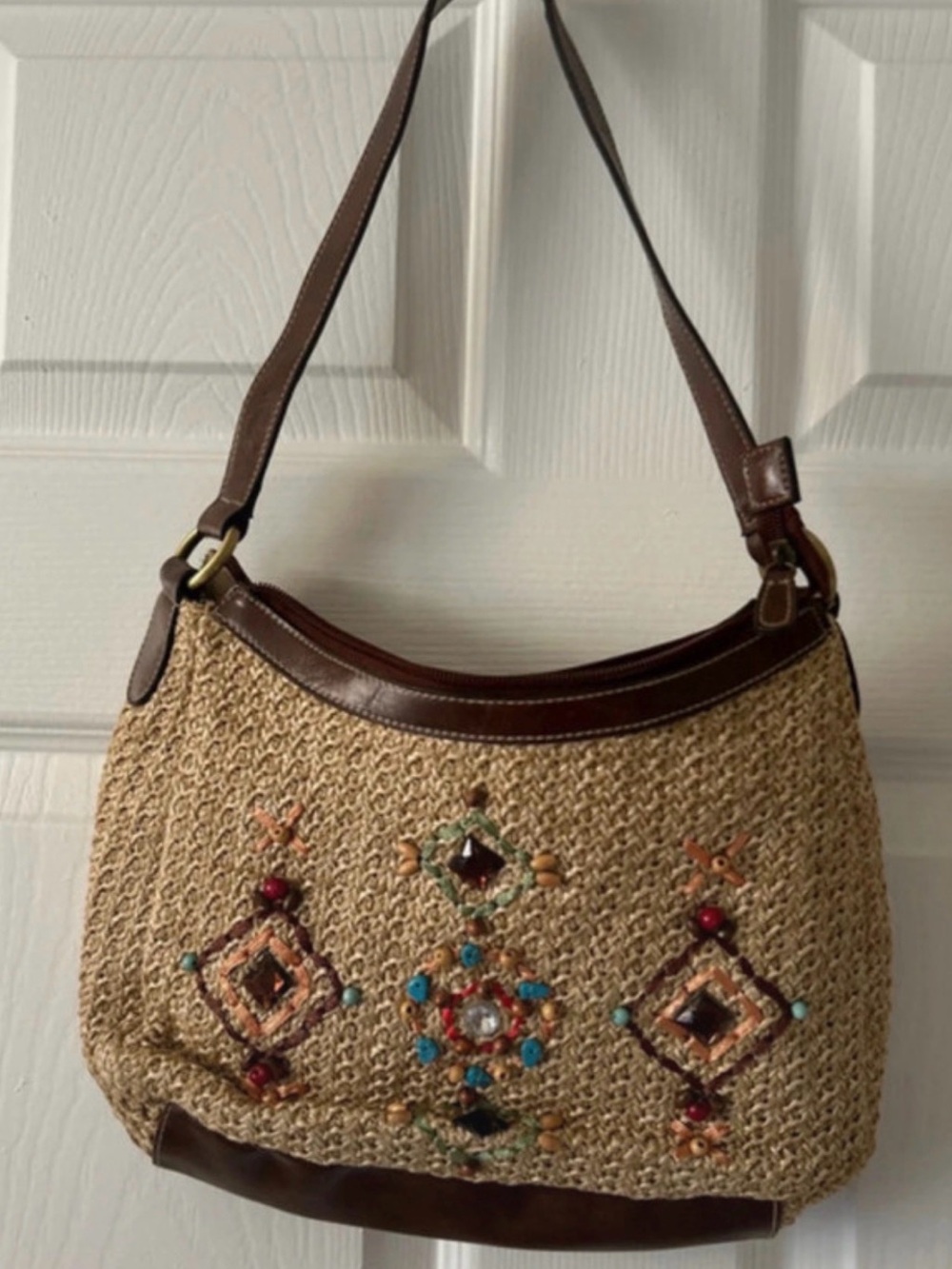 Brown Beaded Straw Shoulder Bag - Unbranded